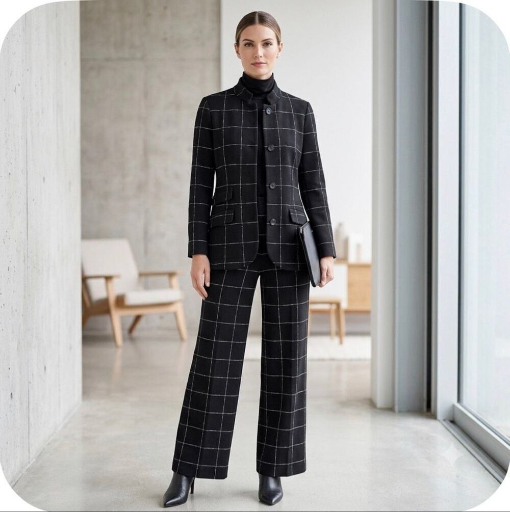 Nic+Zoe Etched Plaid Blazer Jacket & Pants Suit Set Black Medium